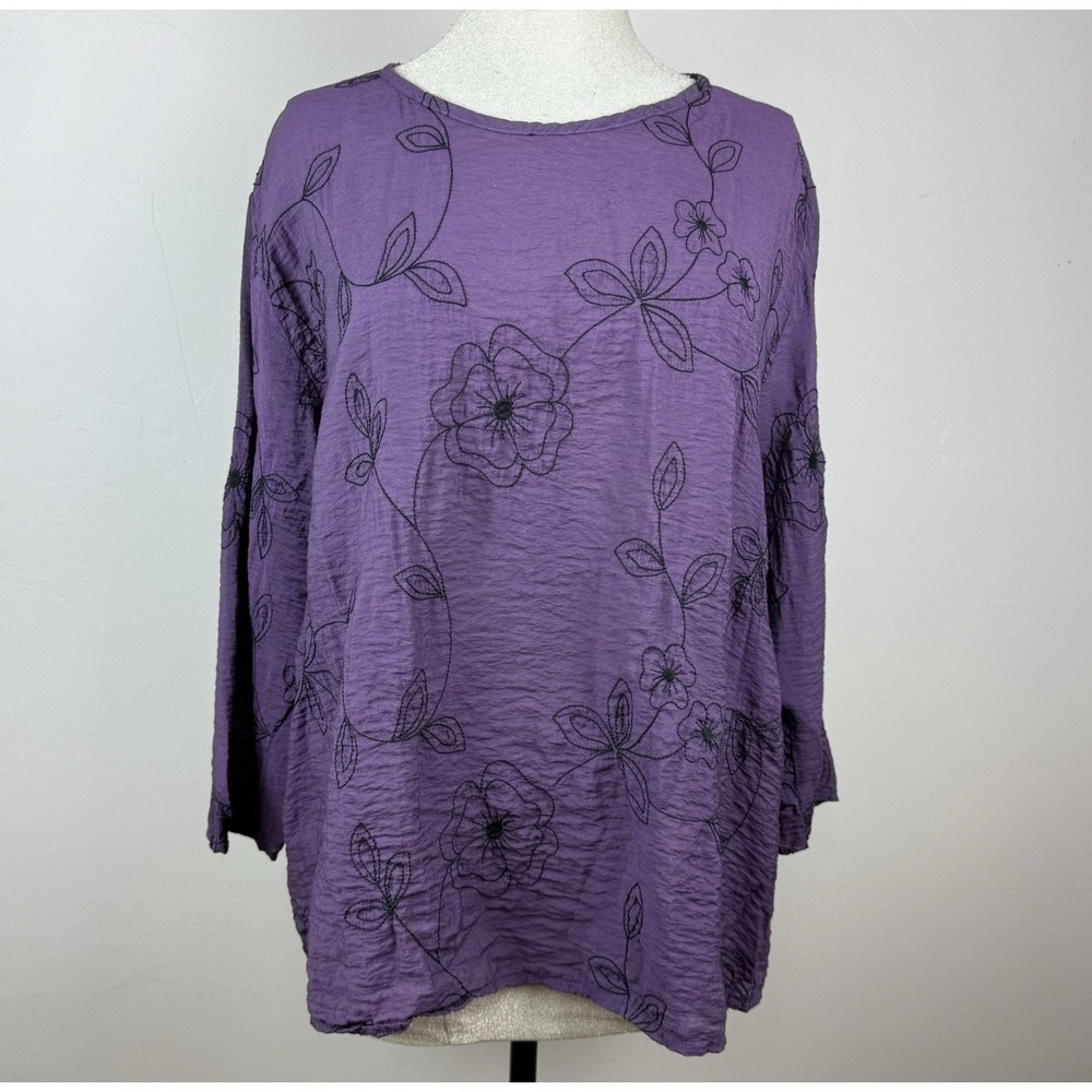 Cut Loose Embroidered Floral Top Womens XL Purple Boho Lagenlook Artsy